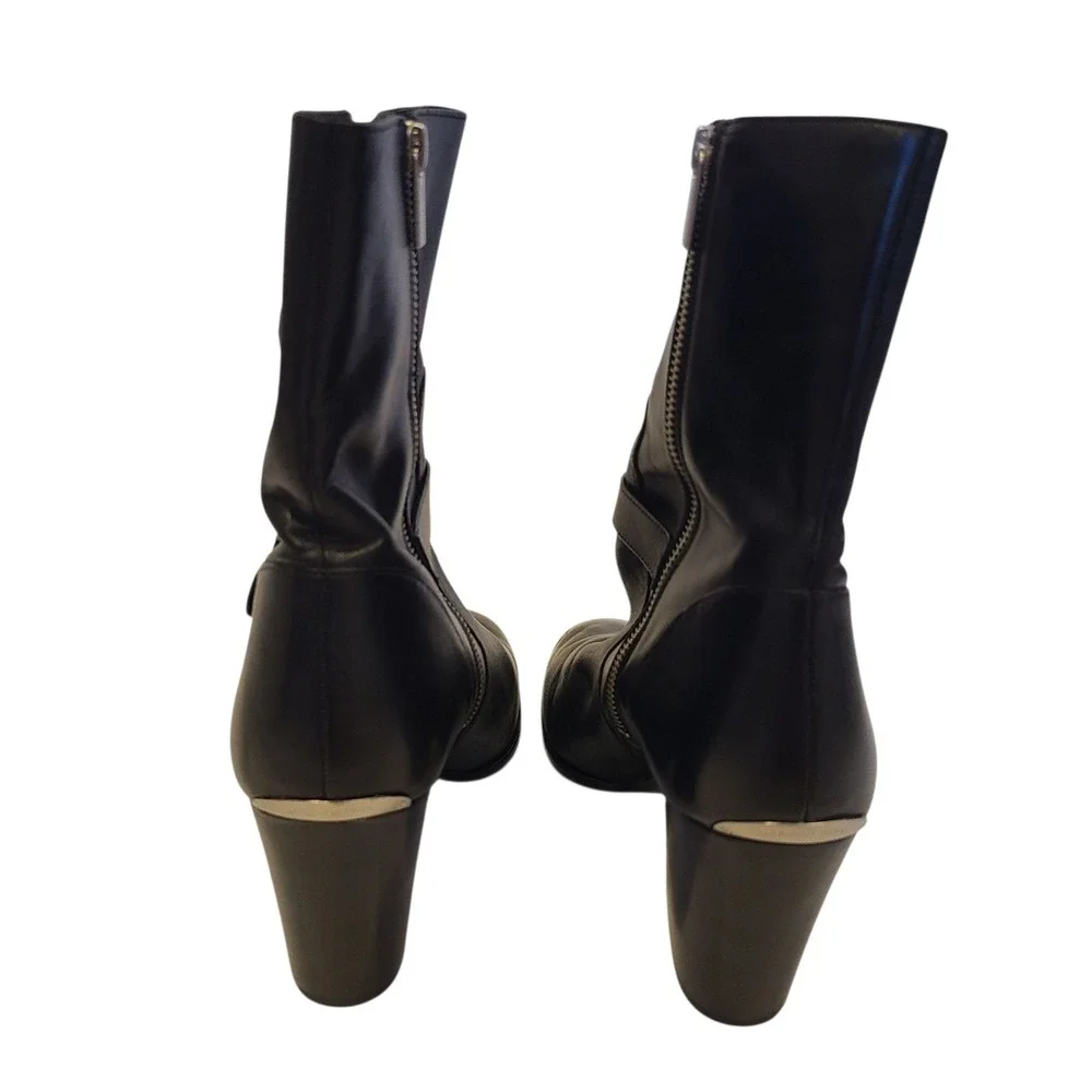 Michael‎ Kors Black Leather 2 Buckle Mid Calf Boots Size 11 Block Heel Moto